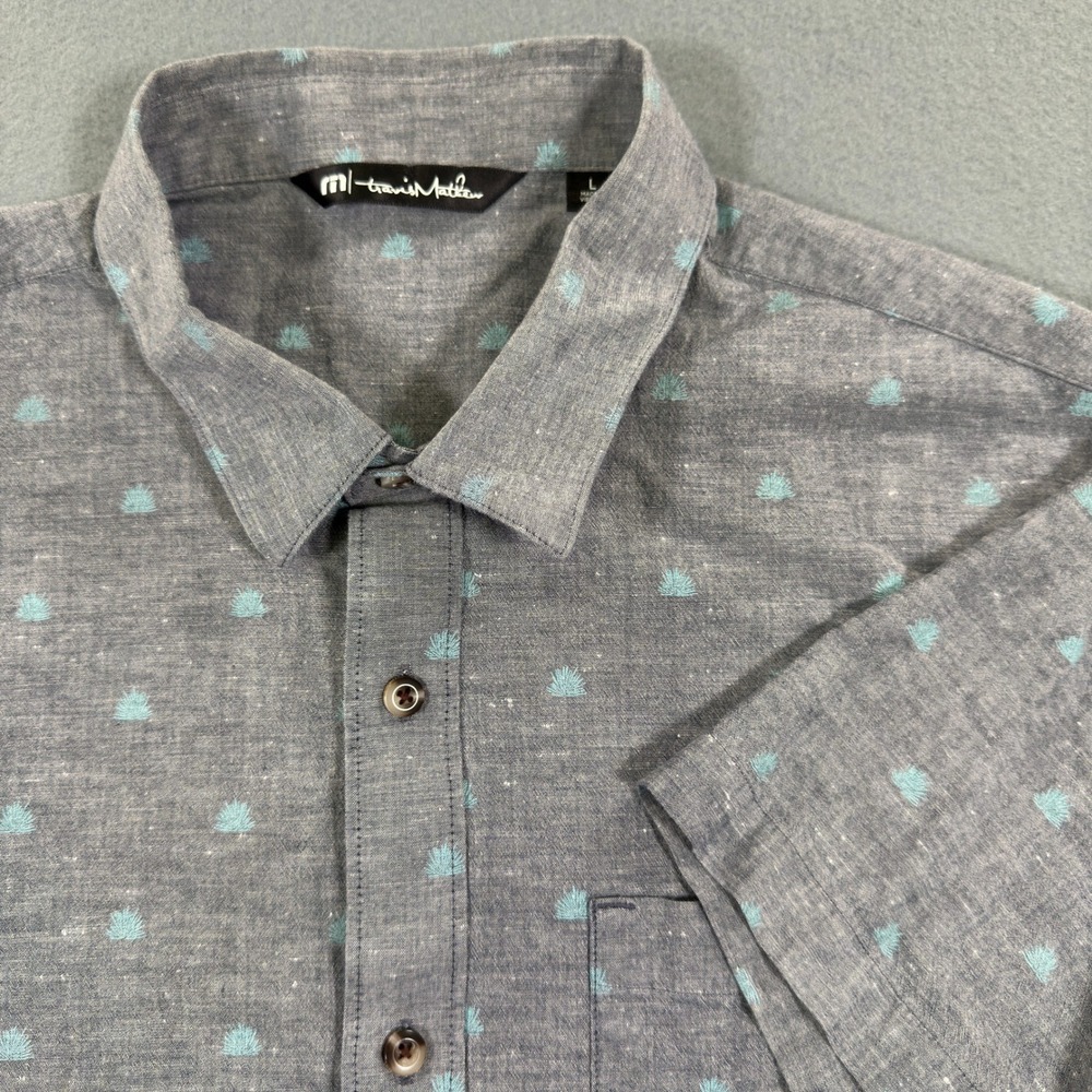 Travis Mathew Mens Large Grey Teal Agave Print Short Sleeve Button Down Shirt